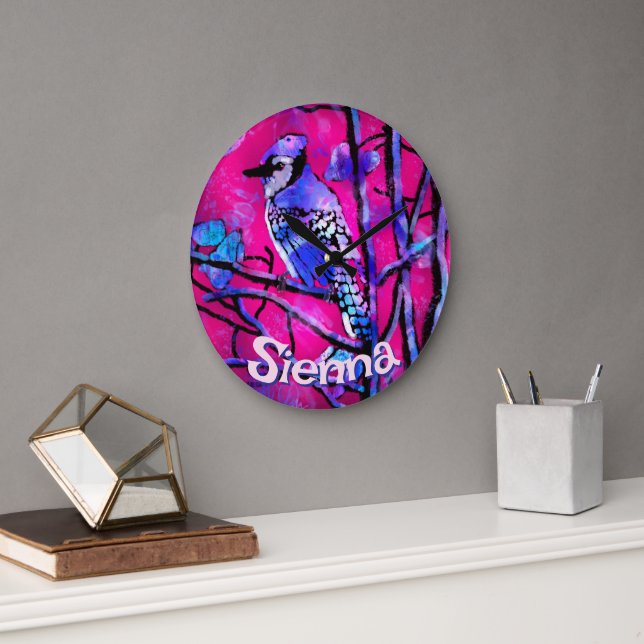 Blue Jay Bird Tree Branch Pink Personalized  Große Wanduhr (Büro)
