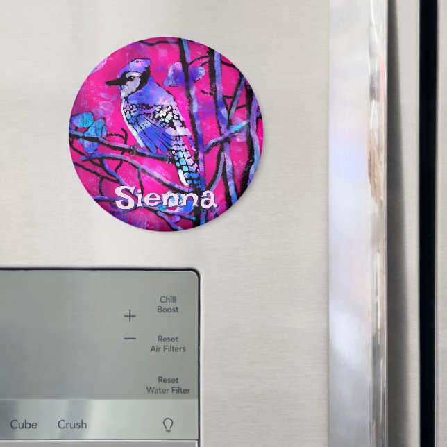 Blue Jay Bird Tree Branch Pink Personalized  Magnet (In Situ (Kühlschrank))
