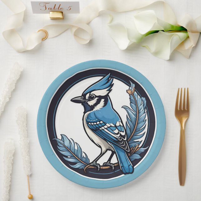 Blue Jay Bird und Feathers Blue Pappteller (Hochzeit)