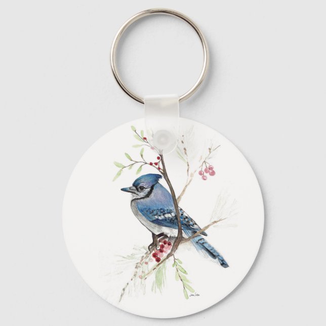 Blue Jay Bird Watercolor Schlüsselanhänger (Vorderseite)
