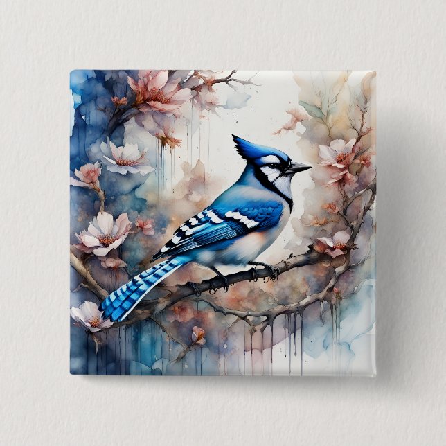 Blue Jay Cherry Blüten Wasserfarbe Button (Vorderseite)