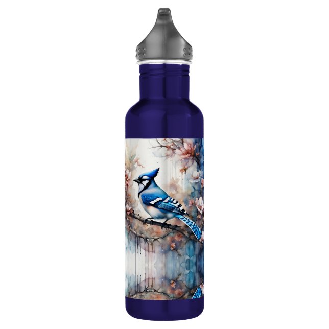 Blue Jay Cherry Blüten Wasserfarbe Edelstahlflasche (Rechts)
