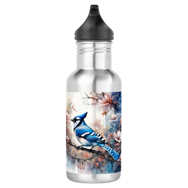 Blue Jay Cherry Blüten Wasserfarbe Edelstahlflasche (Rechts)