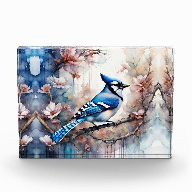 Blue Jay Cherry Blüten Wasserfarbe Fotoblock (Vorderseite)