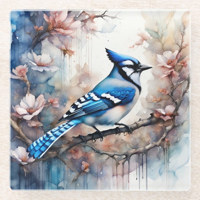Blue Jay Cherry Blüten Wasserfarbe Glasuntersetzer (Vorderseite)