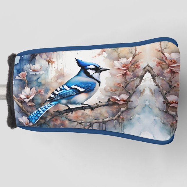Blue Jay Cherry Blüten Wasserfarbe Golf Headcover (Vorderseite)