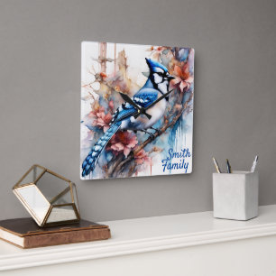 Blue Jay Cherry Blüten Wasserfarbe Quadratische Wanduhr