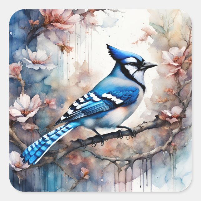 Blue Jay Cherry Blüten Wasserfarbe Quadratischer Aufkleber (Vorderseite)