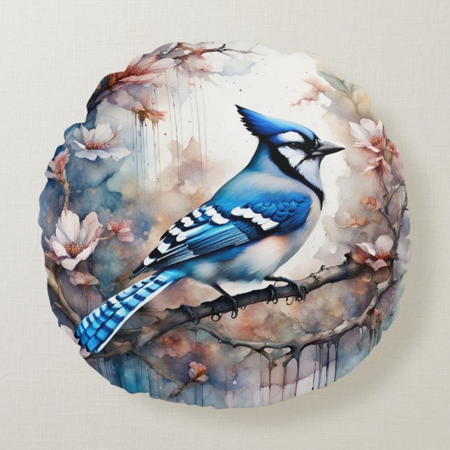 Blue Jay Cherry Blüten Wasserfarbe Rundes Kissen (Vorderseite)
