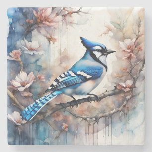 Blue Jay Cherry Blüten Wasserfarbe Steinuntersetzer