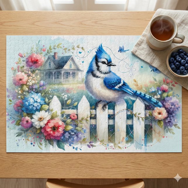 Blue Jay Cottage Garden Fence Scene (Blue Jay Cottage Garden Fence Scene Jigsaw Puzzle Mockup 1)