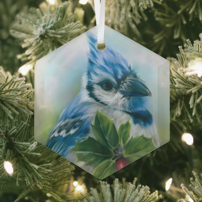 Blue Jay mit Holly Pastel Art Ornament Aus Glas (Insitu)