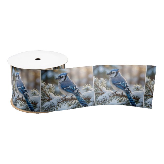 Blue Jay Perched On a Snowy Pine  Satinband (Spule)