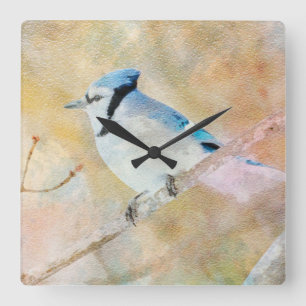 Blue Jay Watercolor Wall Clock Design Quadratische Wanduhr