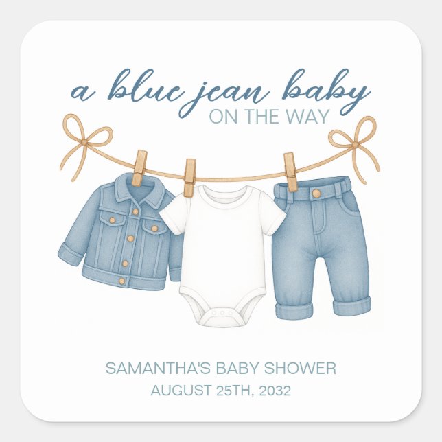 Blue Jean Baby auf dem Weg Baby Dusche Quadratischer Aufkleber (Vorderseite)