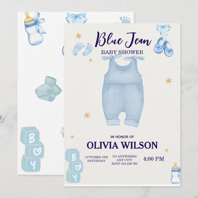 Blue jean Baby denim Baby Dusche Einladung (Vorne/Hinten)