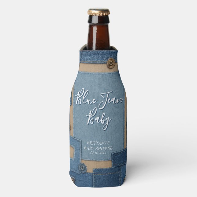 Blue Jean Baby Denim Baby Shower Flaschenkühler (Flaschenvorderseite)