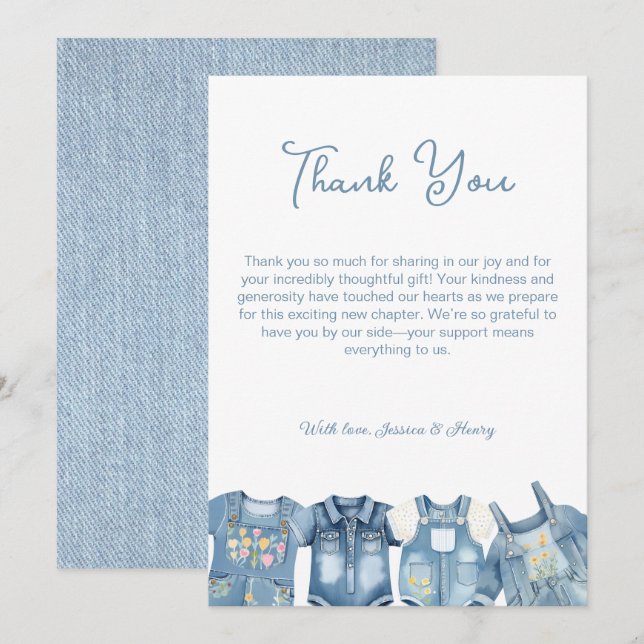 Blue Jean Baby Denim Jumpsuit Baby Shower Dankeskarte (Vorne/Hinten)