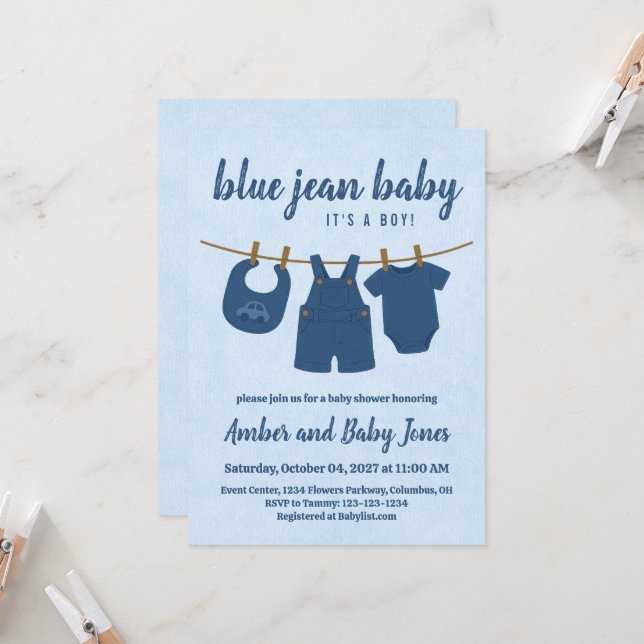 Blue Jean Baby Duwer Einladung (Vorderseite/Rückseite Beispiel)