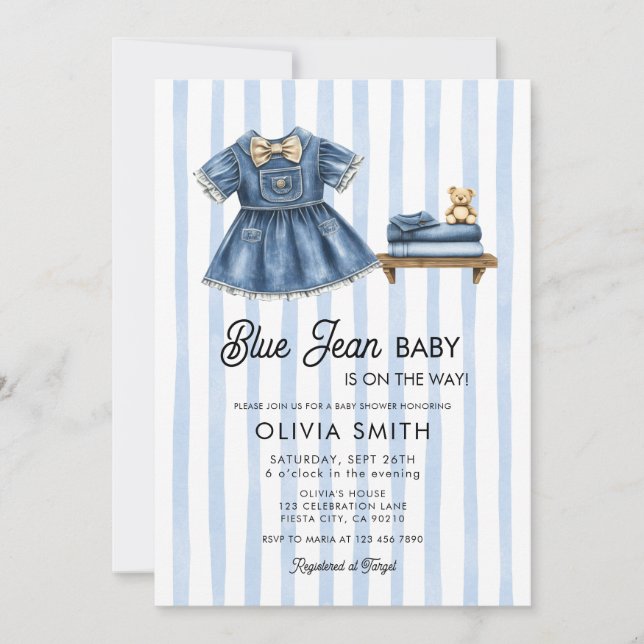 Blue Jean Baby Girl Denim Baby Shower Invitation (Devant)