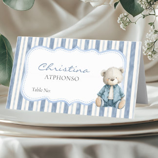 Blue Jean Baby Shower | Denim-Teddybär-Tischkarte Platzkarte