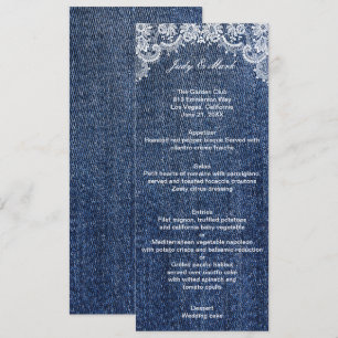 Blue Jean Denim and Lace Wedding Menu Card Menükarte
