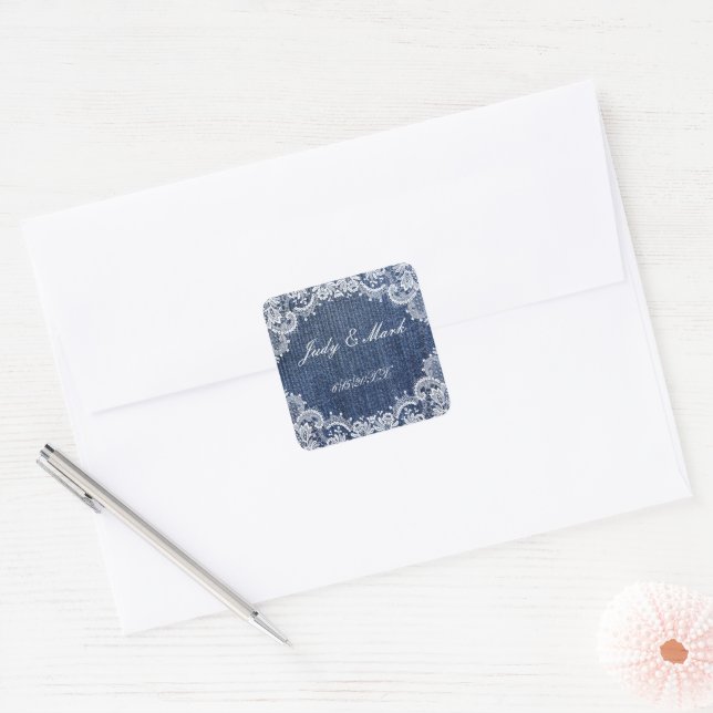 Blue Jean Denim and Lace Wedding Siegel Quadratischer Aufkleber (Umschlag)