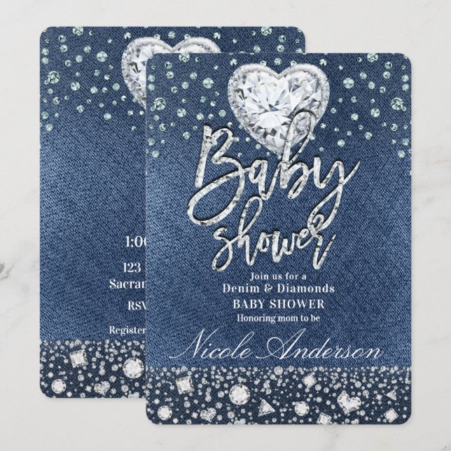 Blue Jean Denim & Bling Diamonds Baby Dusche Einladung (Vorne/Hinten)