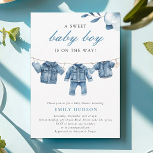 Blue Jean Denim Clothes Boy Baby Shower Einladung