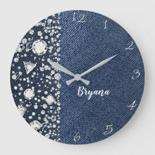 Blue Jean Denim & Diamanten Bling Diamant Herz Große Wanduhr