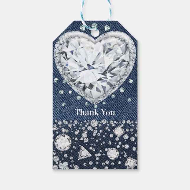 Blue Jean Denim & Diamonds Bling Diamond Herz Geschenkanhänger (Vorderseite)