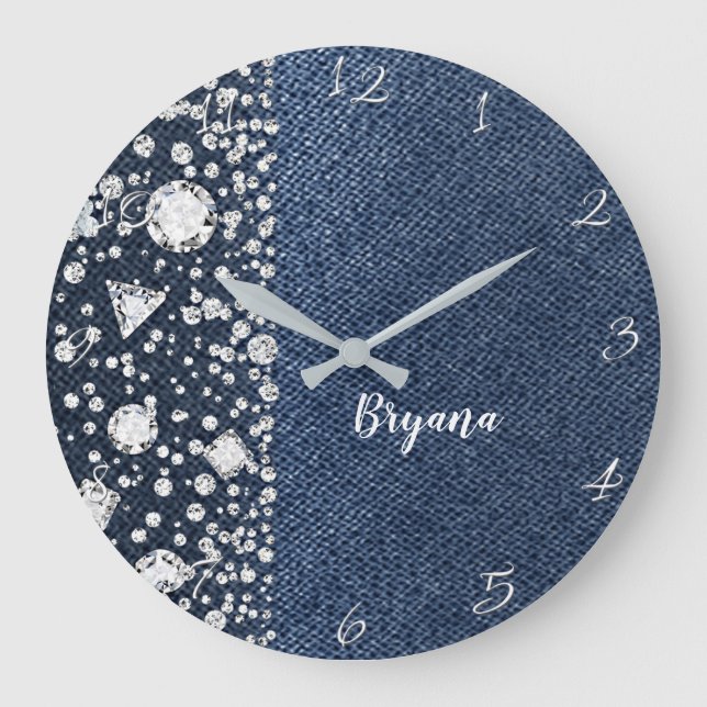 Blue Jean Denim & Diamonds Bling Diamond Herz Große Wanduhr (Vorderseite)