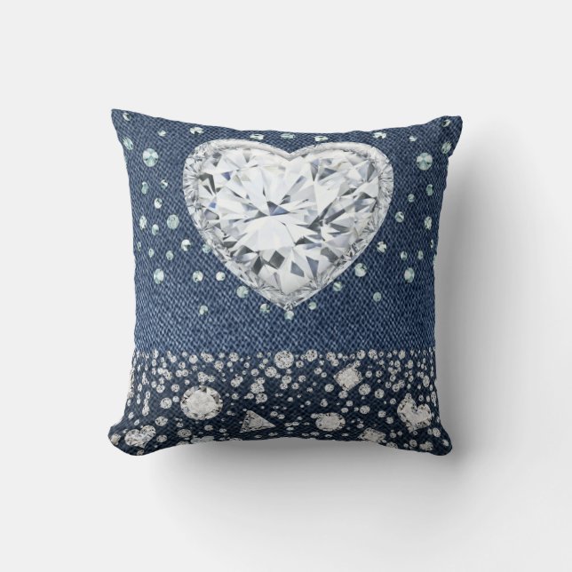 Blue Jean Denim & Diamonds Bling Diamond Herz Kissen (Vorderseite)