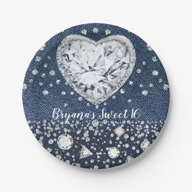 Blue Jean Denim & Diamonds Bling Diamond Herz Pappteller (Vorderseite)