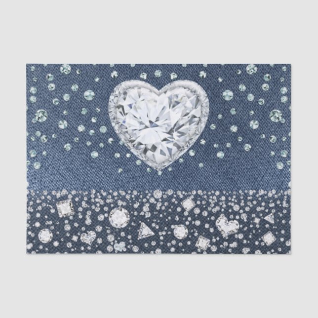 Blue Jean Denim & Diamonds Bling Diamond Herz Seidenpapier (Vorderseite)