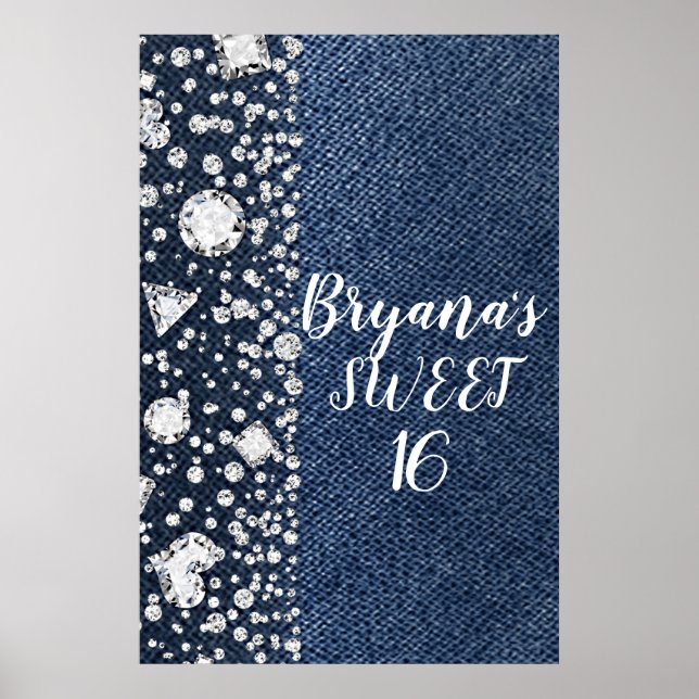 Blue Jean Denim & Diamonds Bling Diamond Party Poster (Vorne)