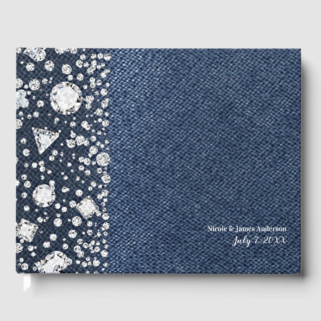 Blue Jean Denim & Diamonds Bling Diamond Wedding Gästebuch (Vorderseite)