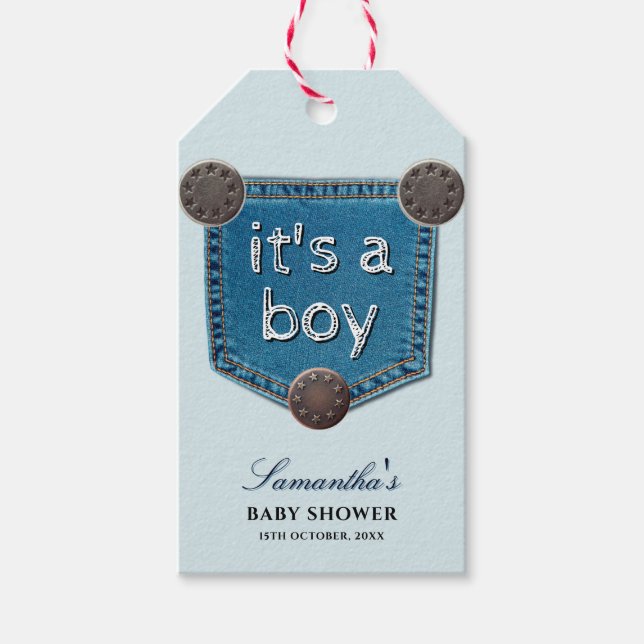 Blue Jean Denim Es ist eine Boy Baby Dusche Geschenkanhänger (Vorderseite)