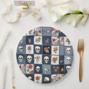 Blue Jean Denim Patchwork Skulls und Florals Pappteller
