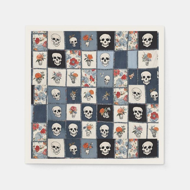 Blue Jean Denim Patchwork Skulls und Florals Serviette (Vorderseite)