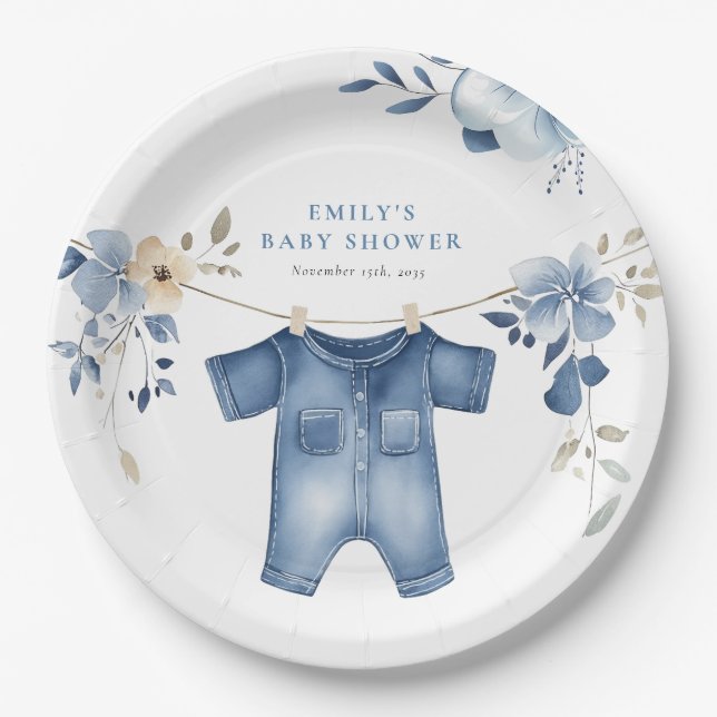 Blue Jean Denim Sweet Boy Baby Shower Pappteller (Vorderseite)