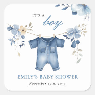 Blue Jean Denim Sweet Boy Baby Shower Quadratischer Aufkleber