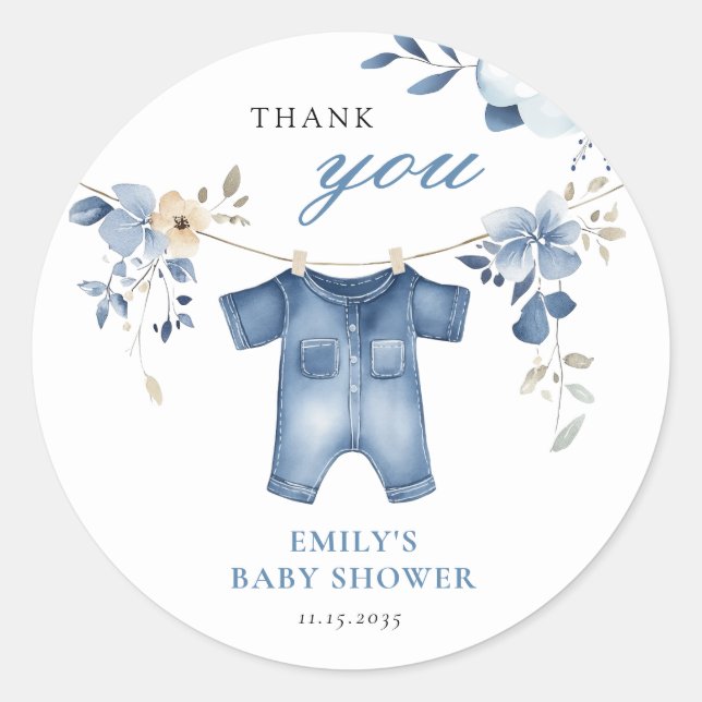 Blue Jean Denim Sweet Boy Baby Shower Runder Aufkleber (Vorderseite)