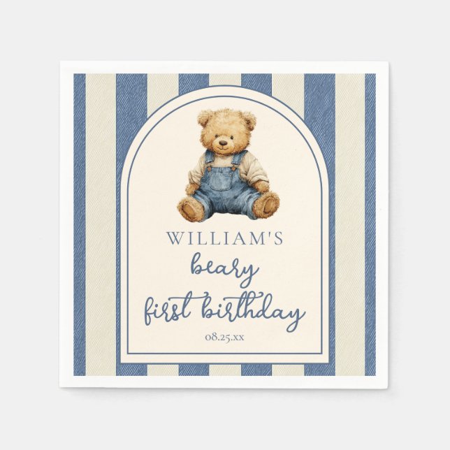 Blue Jean Denim Teddy Bear 1st Birthday Serviette (Vorderseite)