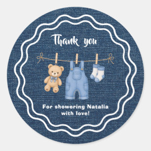 Blue Jean Denim Teddy Bear Baby Shower Dankeschön  Runder Aufkleber