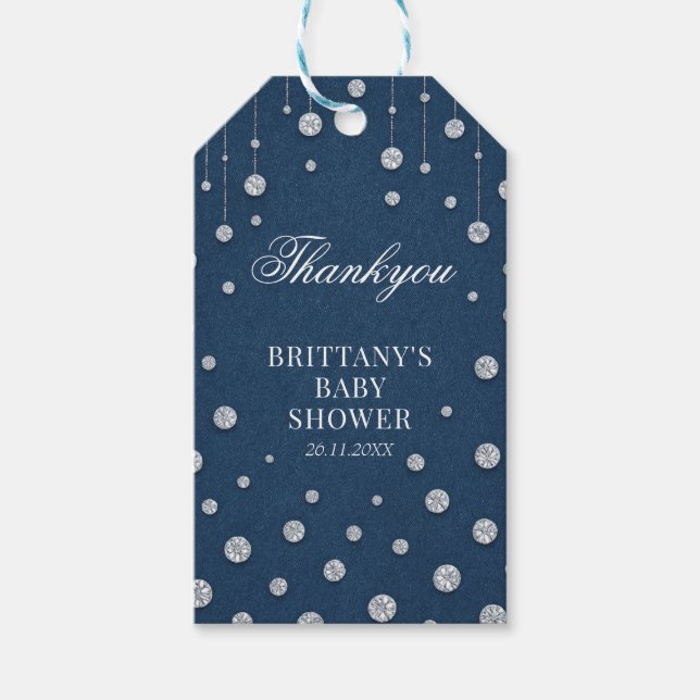 Blue Jean Denim und Diamond Baby Shower Geschenkanhänger (Vorderseite)