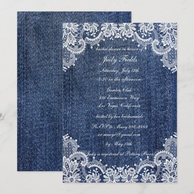 Blue Jean Denim und Lace Brautparty Einladung (Vorne/Hinten)