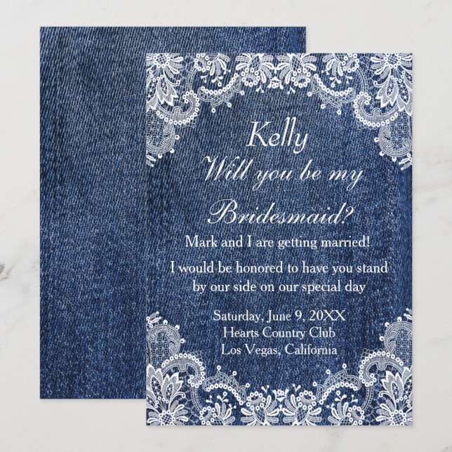 Blue Jean Denim und Lace Bridesmaid Einladung (Vorne/Hinten)