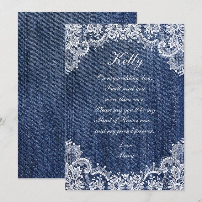 Blue Jean Denim und Lace Trauzeugin Einladung (Vorne/Hinten)