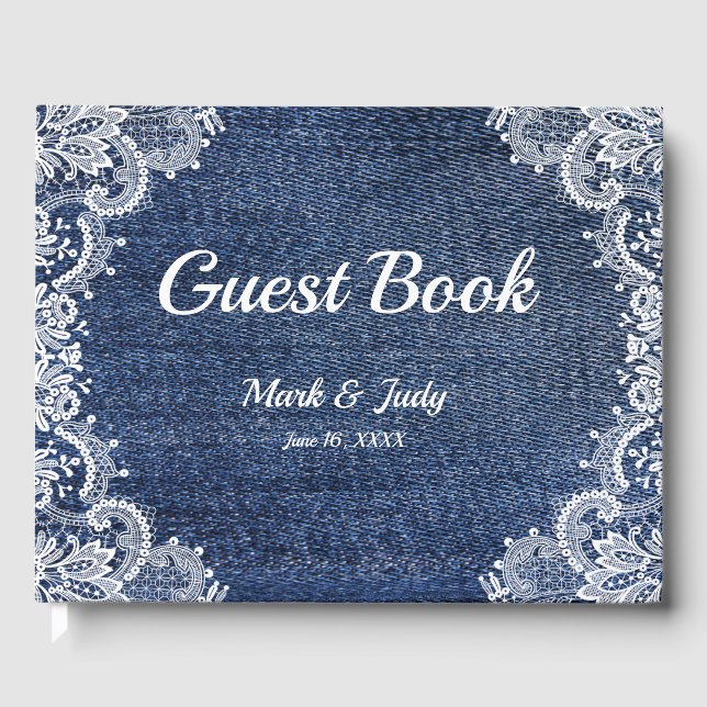 Blue Jean Denim und Lace Wedding Guest Book Gästebuch (Vorderseite)